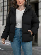 Women's Hooded Padded Puffer Jacket with Pockets and Zip Front