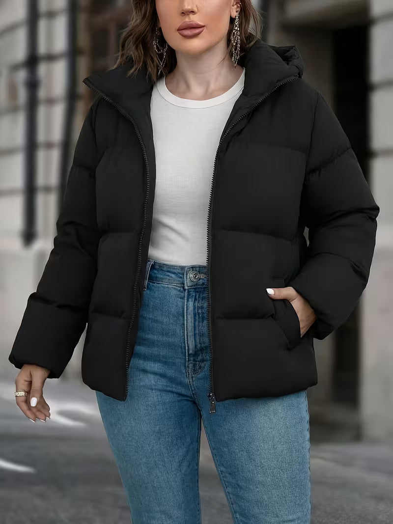 Women's Hooded Padded Puffer Jacket with Pockets and Zip Front
