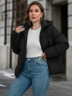 Women's Hooded Padded Puffer Jacket with Pockets and Zip Front