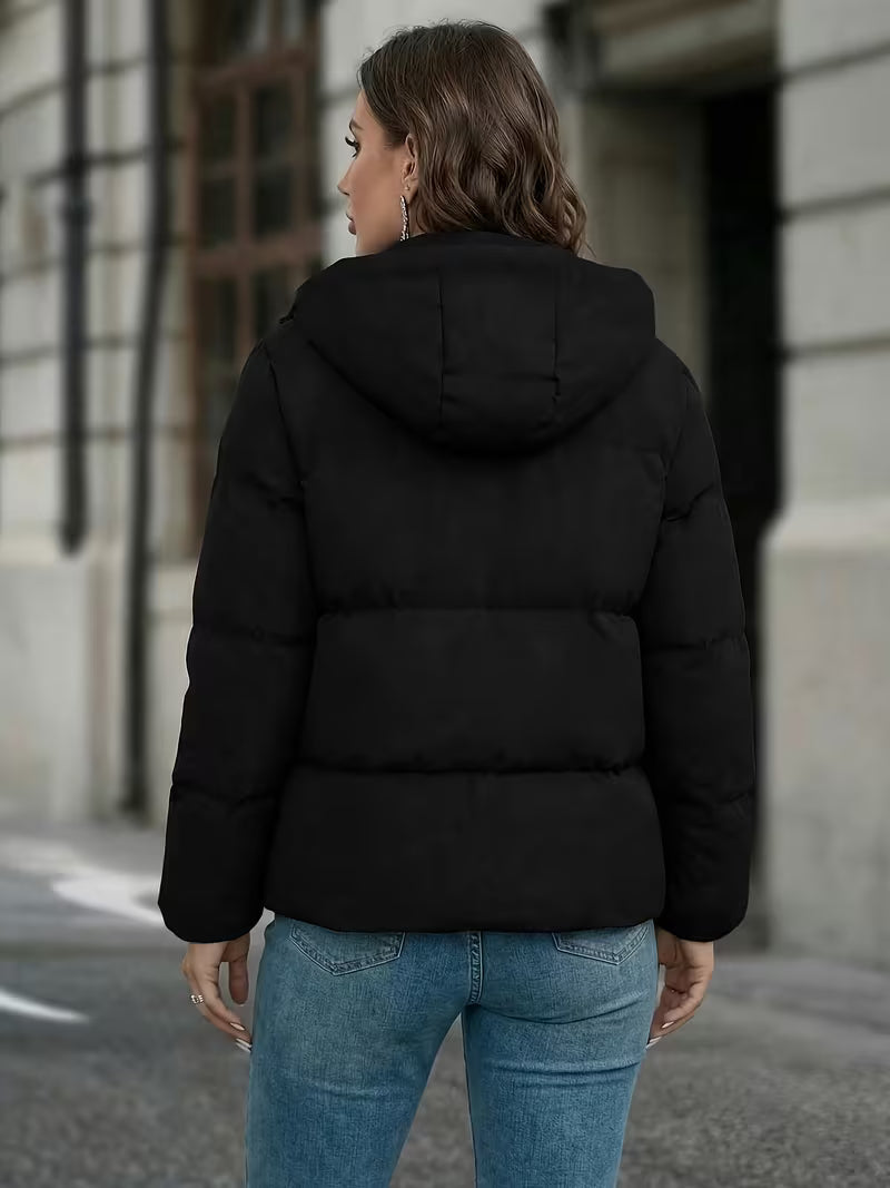 Women's Hooded Padded Puffer Jacket with Pockets and Zip Front