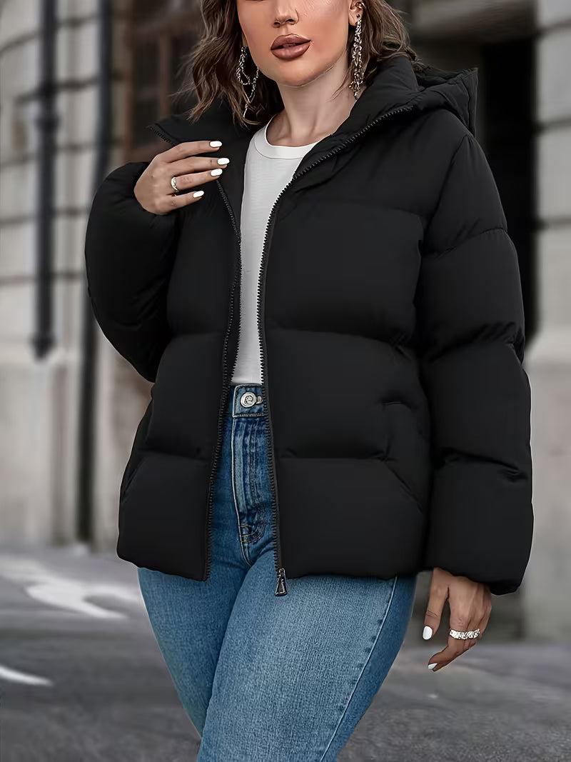Women's Hooded Padded Puffer Jacket with Pockets and Zip Front