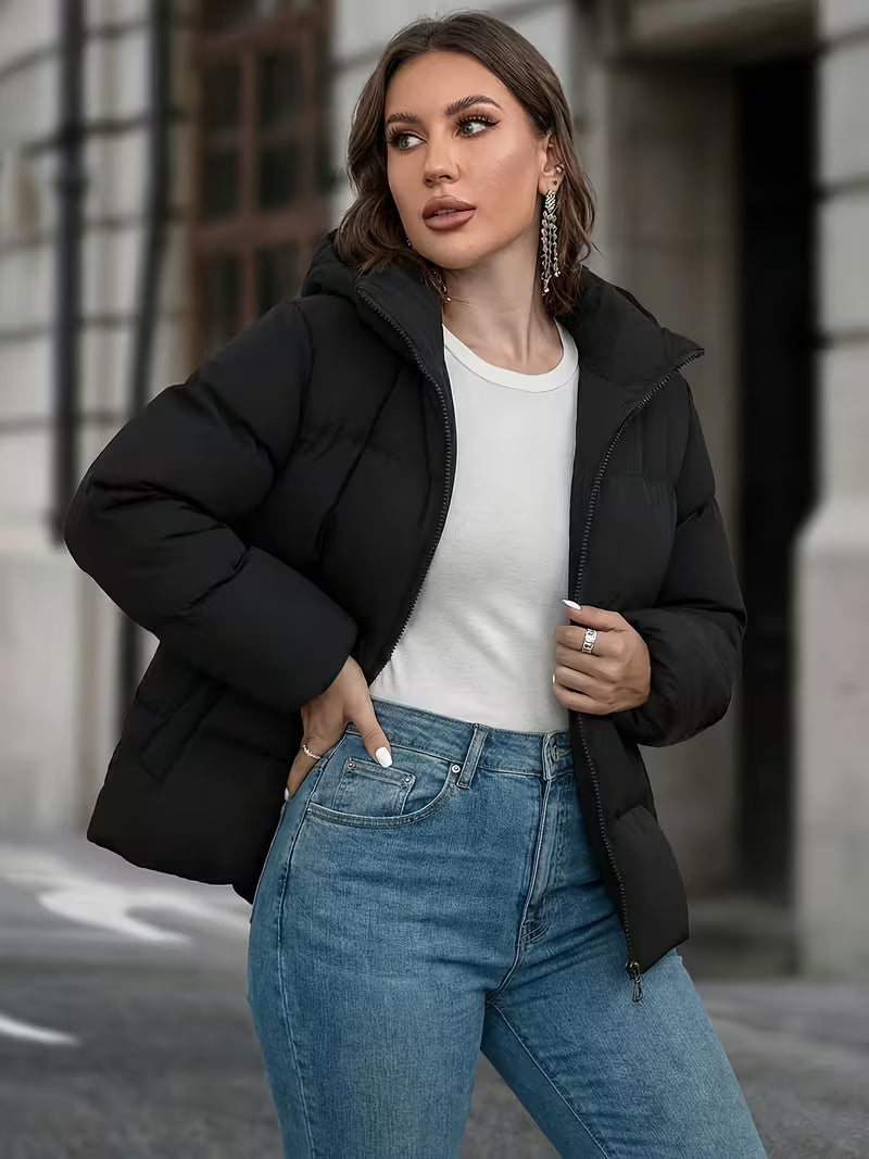 Women's Hooded Padded Puffer Jacket with Pockets and Zip Front