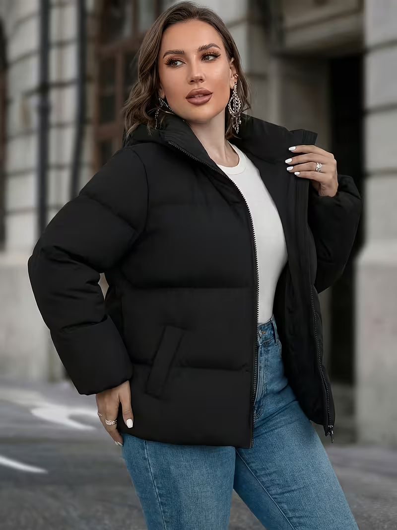 Women's Hooded Padded Puffer Jacket with Pockets and Zip Front