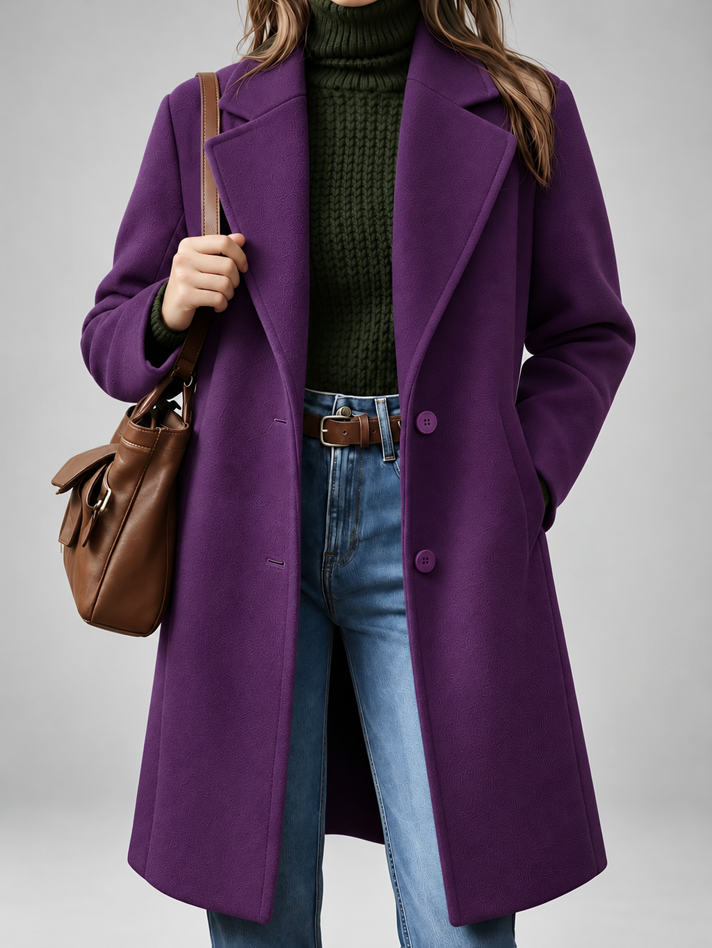 Women's Plus Size Mid-Length Coat with Lapel Collar – Purple – 1