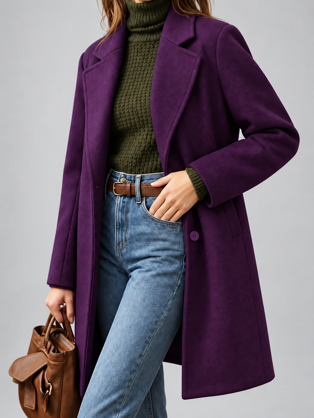 Women's Plus Size Mid-Length Coat with Lapel Collar – Purple – 2