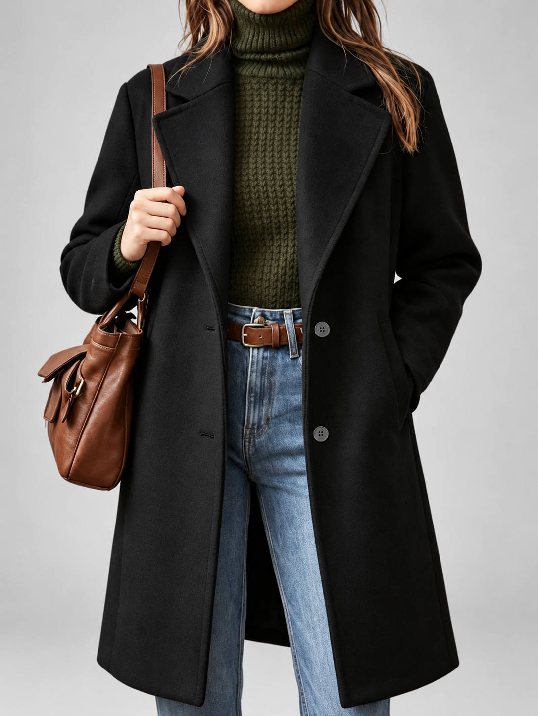 Women's Plus Size Mid-Length Coat with Lapel Collar – Black – 1