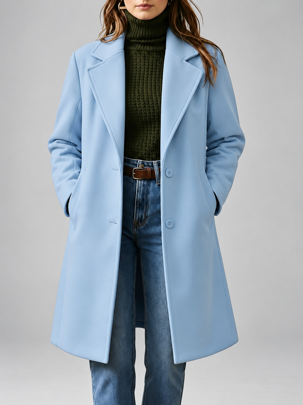 Women's Plus Size Mid-Length Coat with Lapel Collar – Light Blue – 1