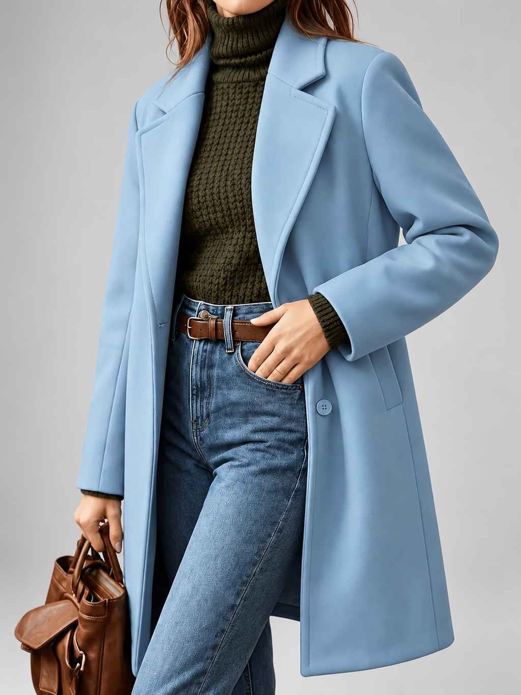 Women's Plus Size Mid-Length Coat with Lapel Collar – Light Blue – 2