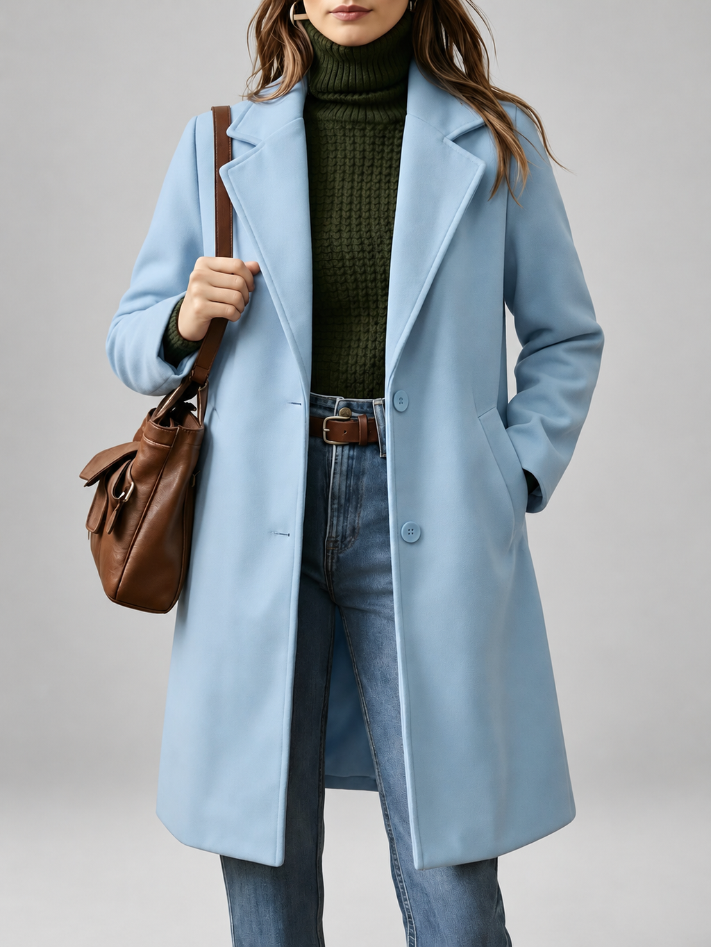 Women's Plus Size Mid-Length Coat with Lapel Collar – Light Blue – 3