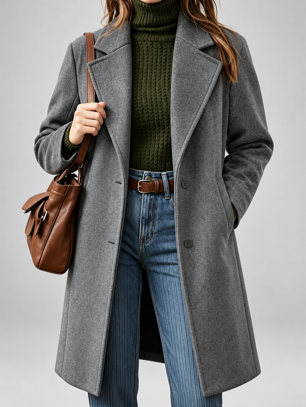 Women's Plus Size Mid-Length Coat with Lapel Collar – Light Grey – 1