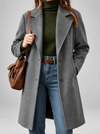 Women's Plus Size Mid-Length Coat with Lapel Collar – Light Grey – 1