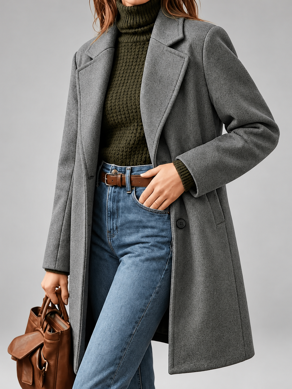 Women's Plus Size Mid-Length Coat with Lapel Collar – Light Grey – 2