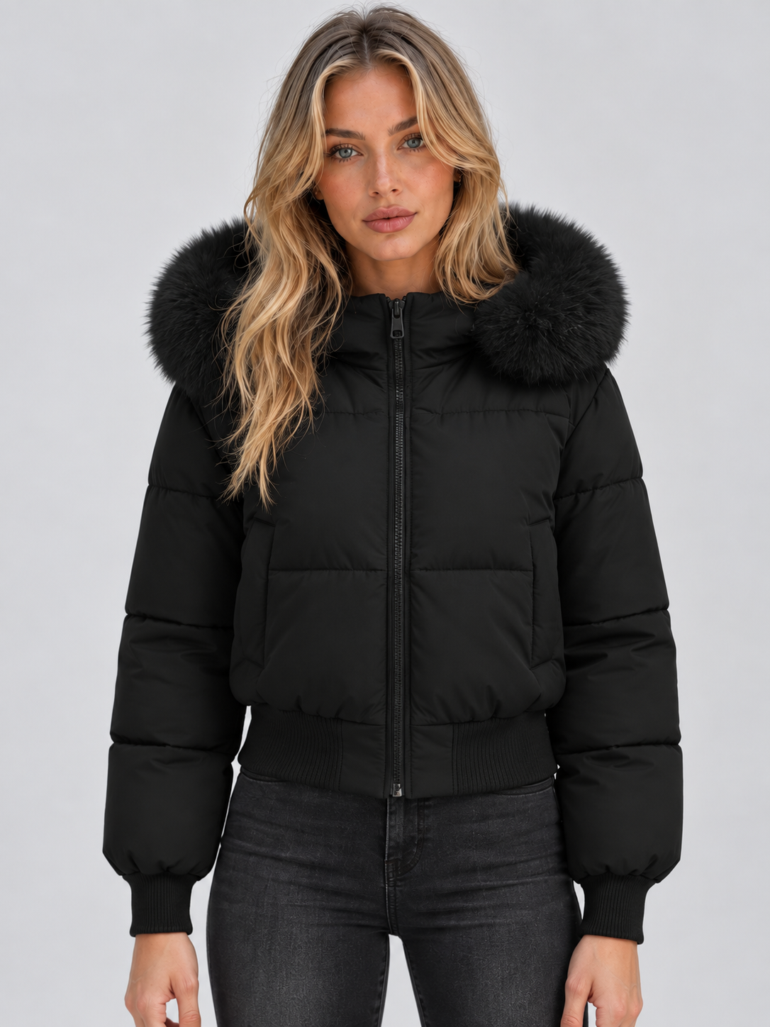 Women's Puffer Jacket with Faux Fur Collar and Elasticated Hem — Black — image 1