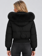 Women's Puffer Jacket with Faux Fur Collar and Elasticated Hem — Black — image 2