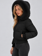 Women's Puffer Jacket with Faux Fur Collar and Elasticated Hem — Black — image 3