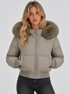 Women's Puffer Jacket with Faux Fur Collar and Elasticated Hem — Taupe — image 5