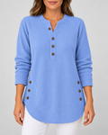 Women's Ribbed Tunic Top with Henley Neck and Side Buttons – Blue – 1