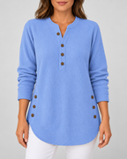 Women's Ribbed Tunic Top with Henley Neck and Side Buttons – Blue – 1