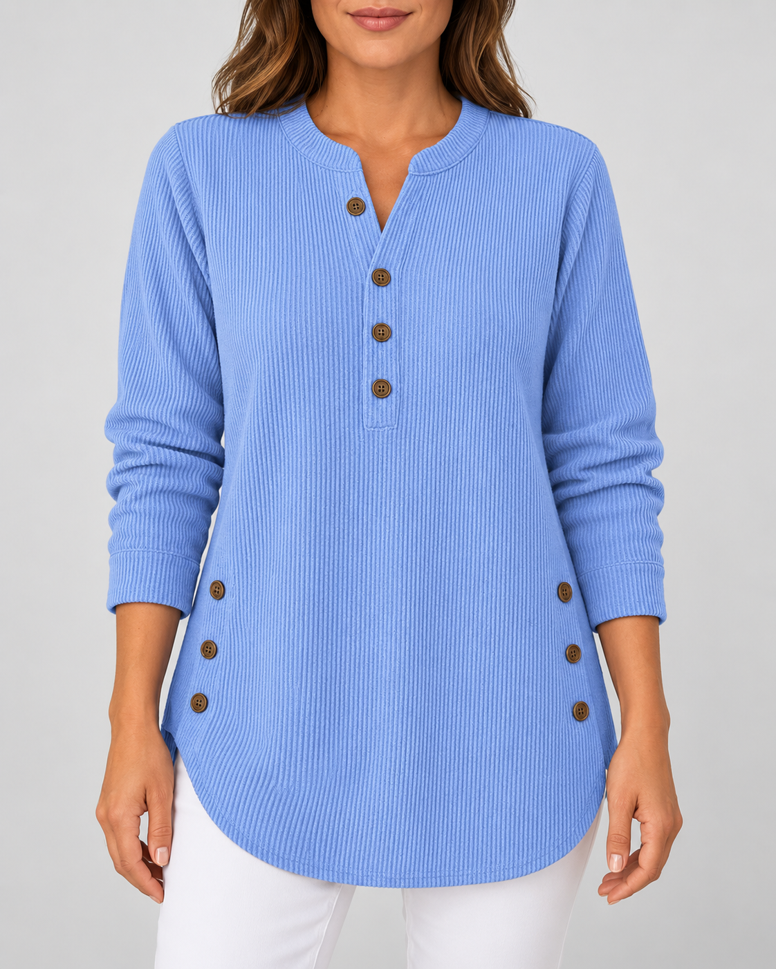 Women's Ribbed Tunic Top with Henley Neck and Side Buttons – Blue – 1