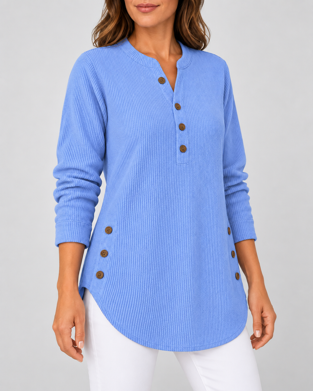 Women's Ribbed Tunic Top with Henley Neck and Side Buttons – Blue – 2