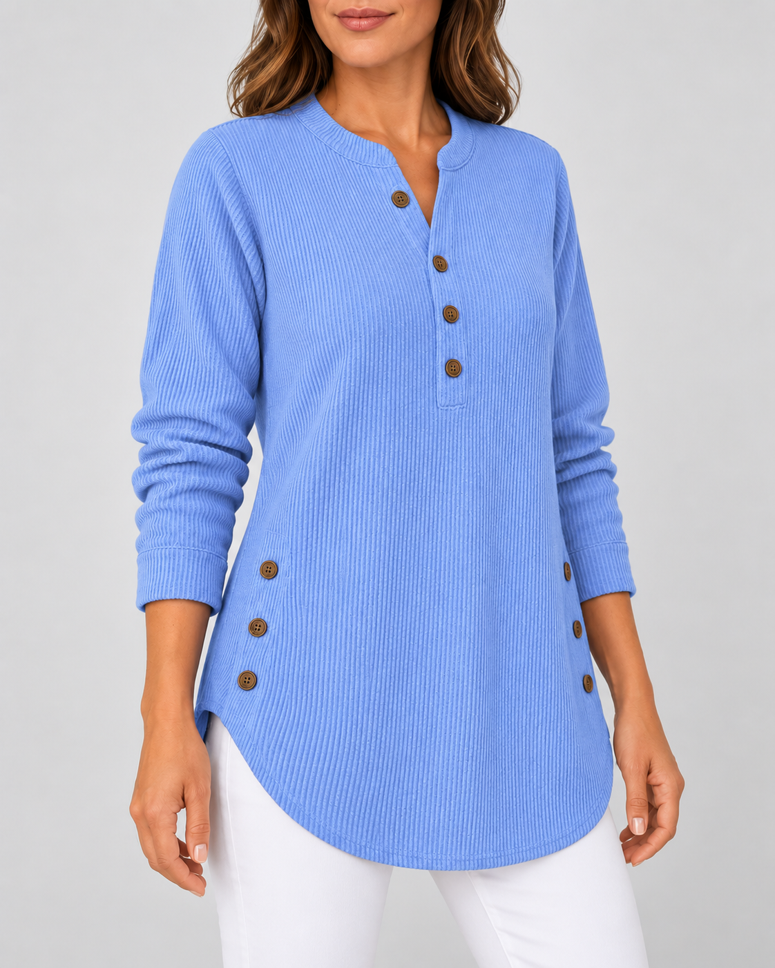 Women's Ribbed Tunic Top with Henley Neck and Side Buttons – Blue – 2