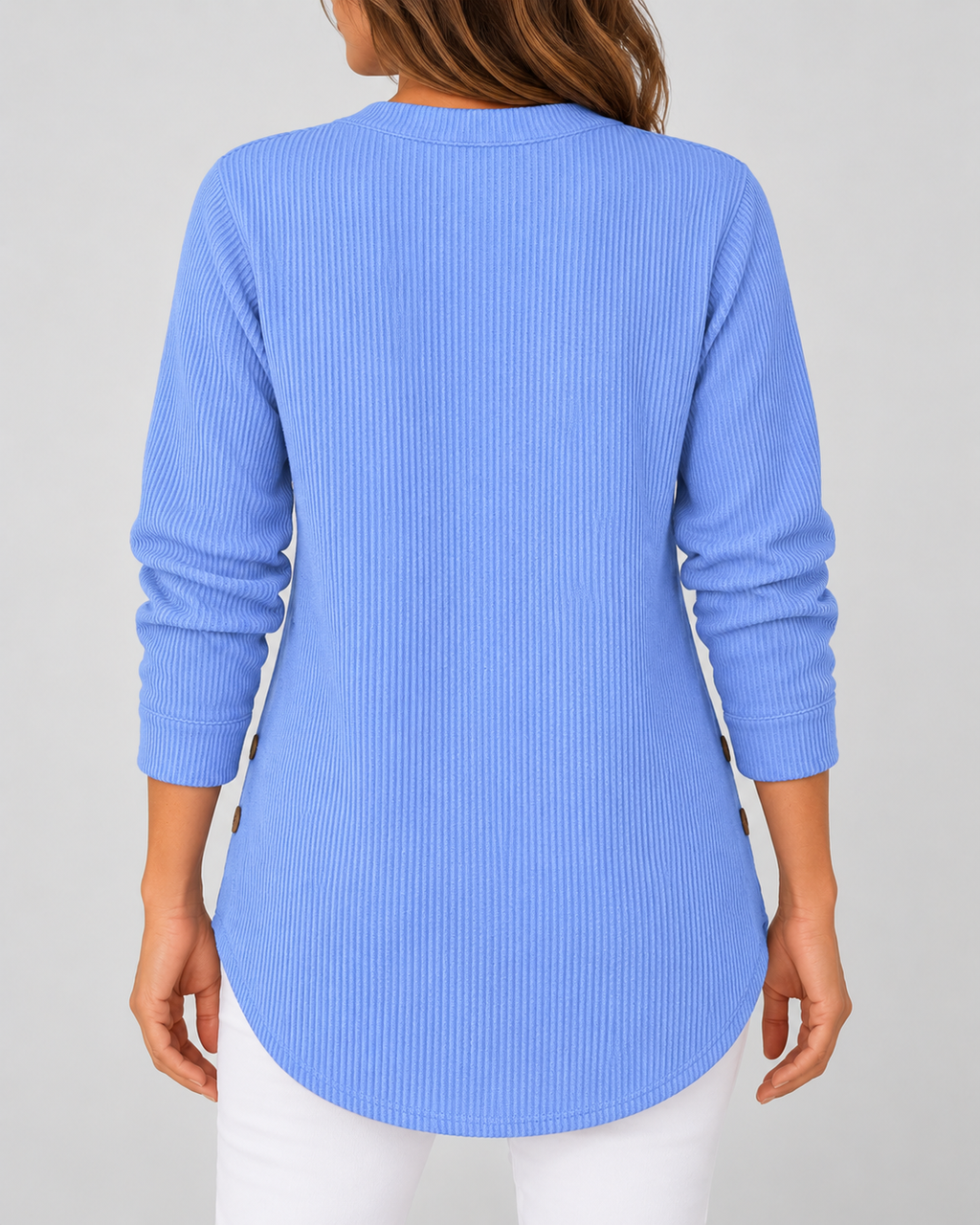 Women's Ribbed Tunic Top with Henley Neck and Side Buttons – Blue – 3