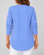 Women's Ribbed Tunic Top with Henley Neck and Side Buttons – Blue – 3