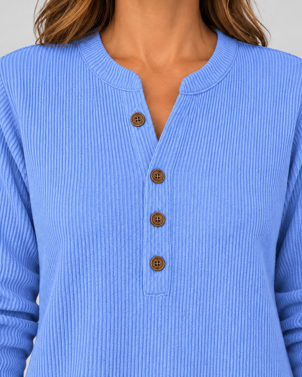 Women's Ribbed Tunic Top with Henley Neck and Side Buttons – Blue – 4