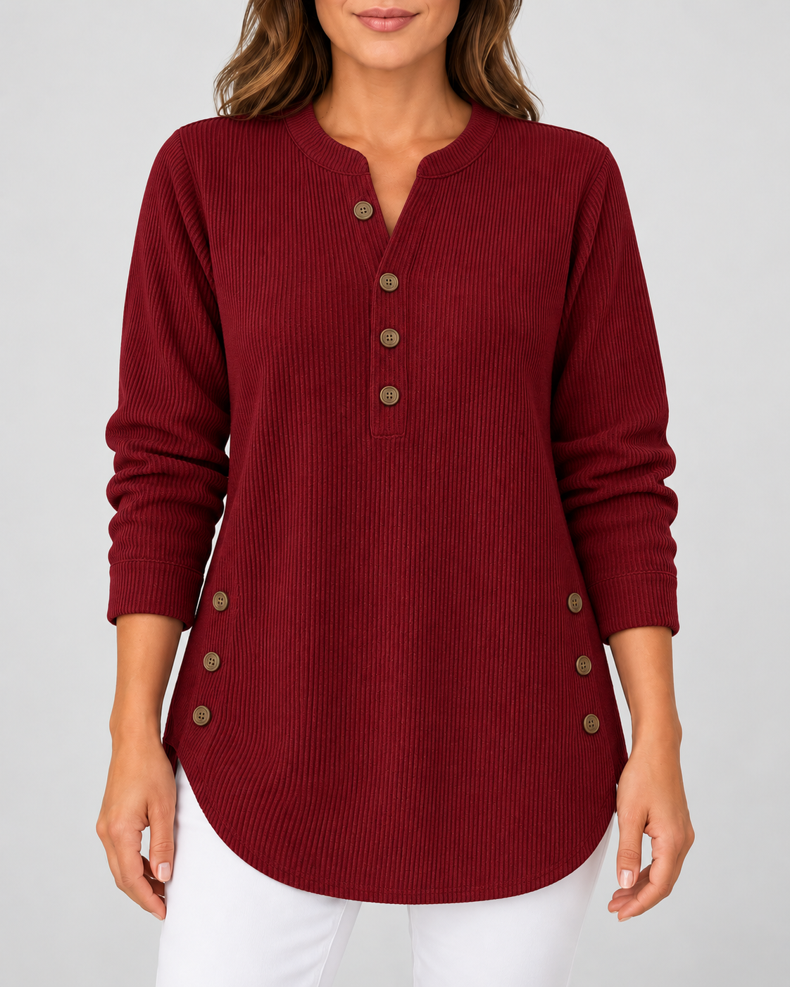 Women's Ribbed Tunic Top with Henley Neck and Side Buttons – Burgundy – 1