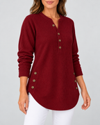 Women's Ribbed Tunic Top with Henley Neck and Side Buttons – Burgundy – 2