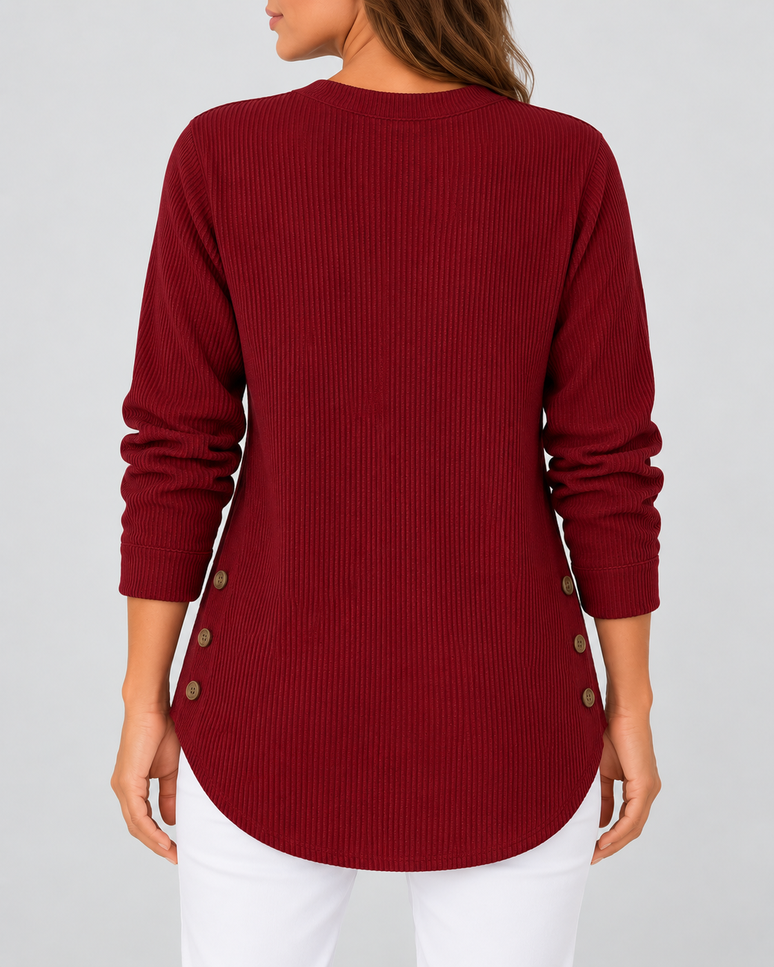 Women's Ribbed Tunic Top with Henley Neck and Side Buttons – Burgundy – 3
