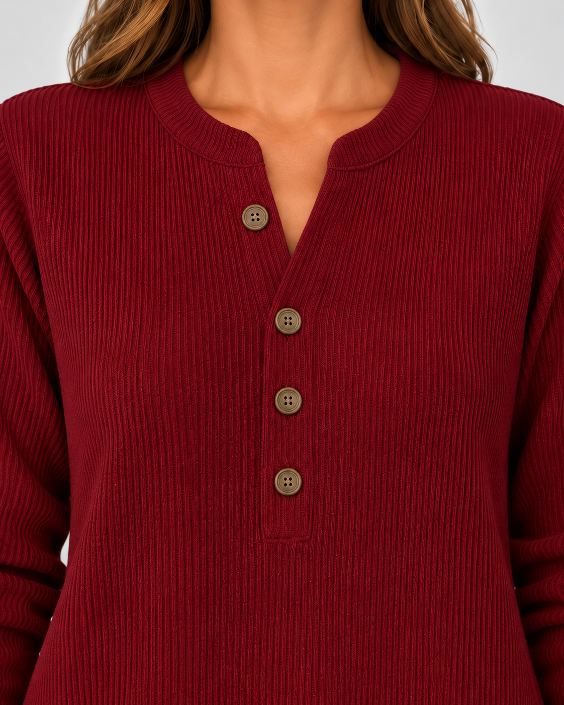 Women's Ribbed Tunic Top with Henley Neck and Side Buttons – Burgundy – 4