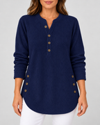 Women's Ribbed Tunic Top with Henley Neck and Side Buttons – Navy Blue – 1