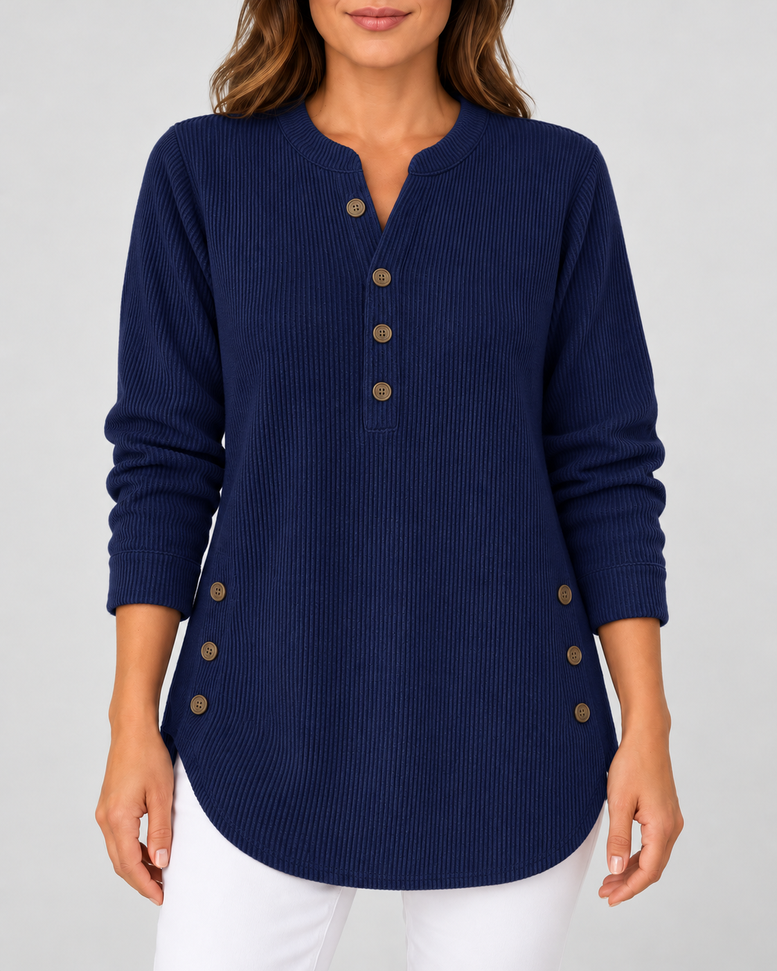 Women's Ribbed Tunic Top with Henley Neck and Side Buttons – Navy Blue – 1