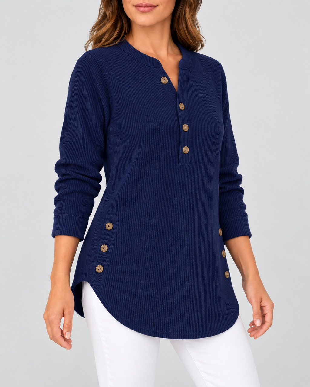 Women's Ribbed Tunic Top with Henley Neck and Side Buttons – Navy Blue – 2