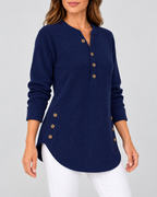 Women's Ribbed Tunic Top with Henley Neck and Side Buttons – Navy Blue – 2