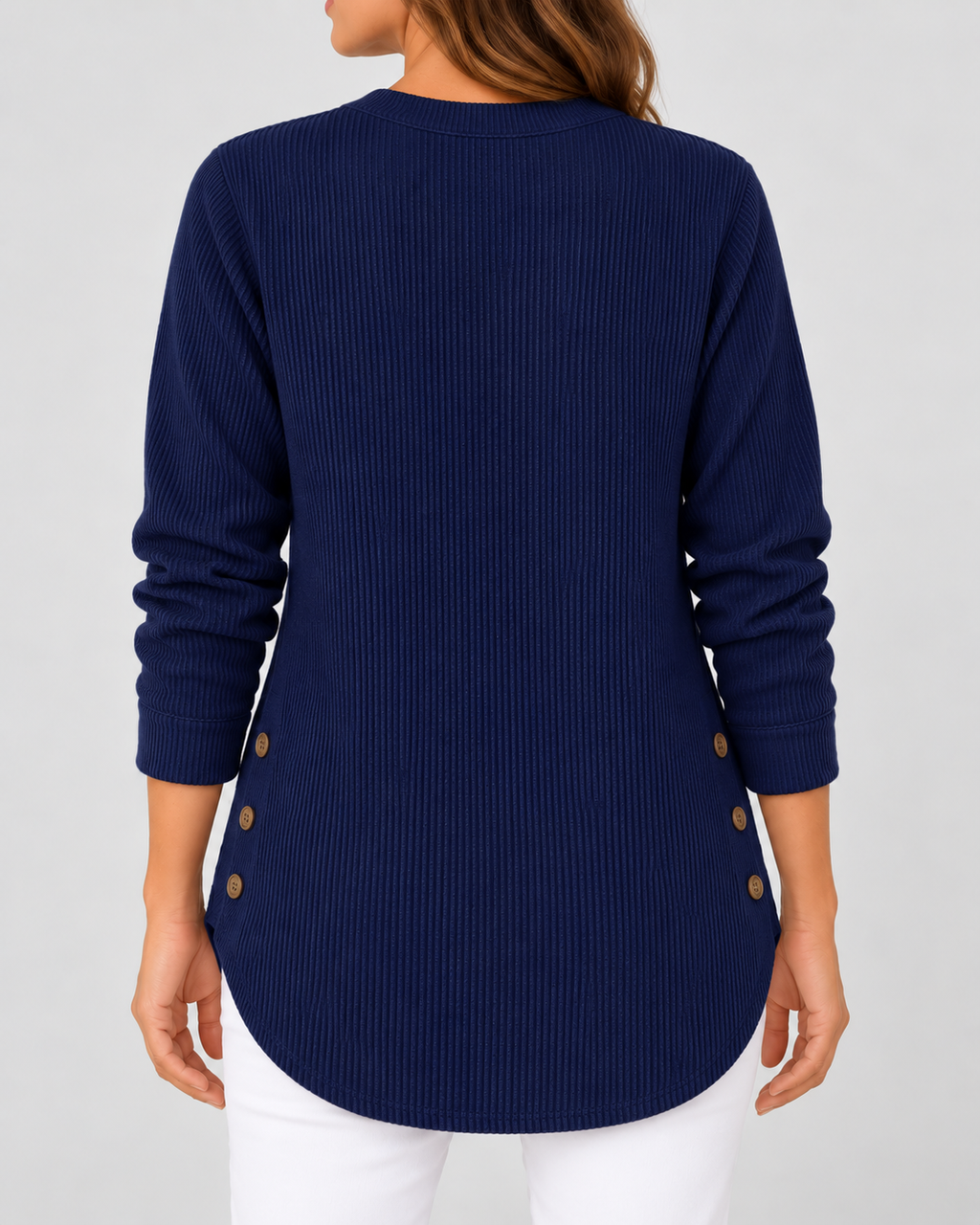 Women's Ribbed Tunic Top with Henley Neck and Side Buttons – Navy Blue – 3