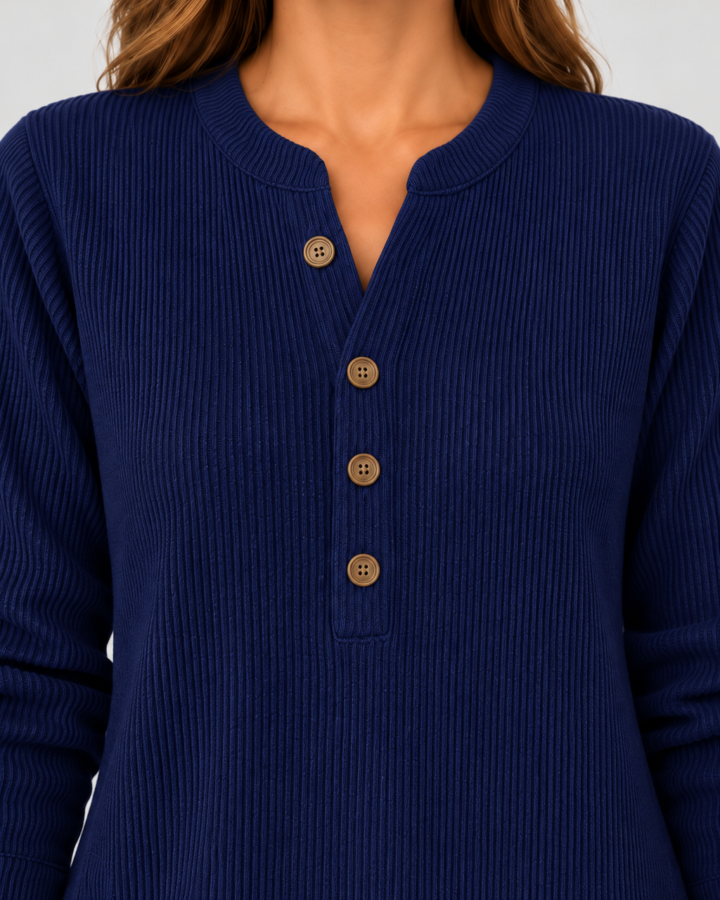 Women's Ribbed Tunic Top with Henley Neck and Side Buttons – Navy Blue – 4