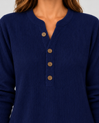 Women's Ribbed Tunic Top with Henley Neck and Side Buttons – Navy Blue – 4