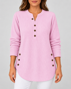 Women's Ribbed Tunic Top with Henley Neck and Side Buttons – Pink – 1