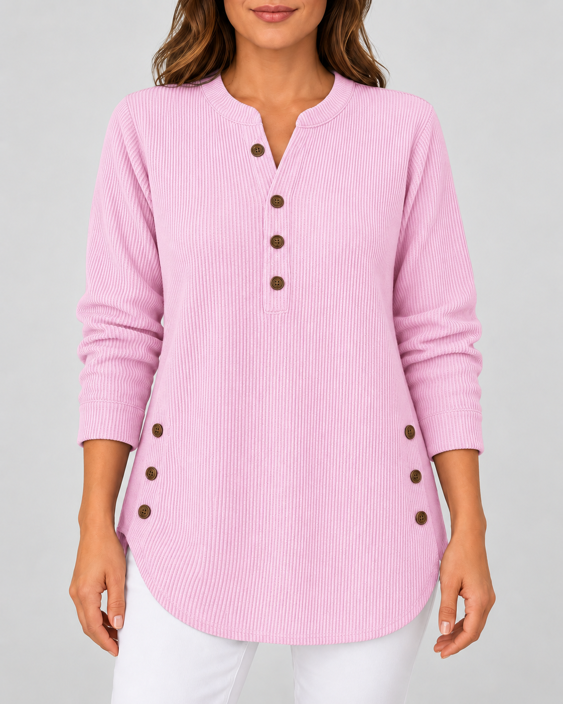 Women's Ribbed Tunic Top with Henley Neck and Side Buttons – Pink – 1