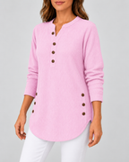 Women's Ribbed Tunic Top with Henley Neck and Side Buttons – Pink – 2