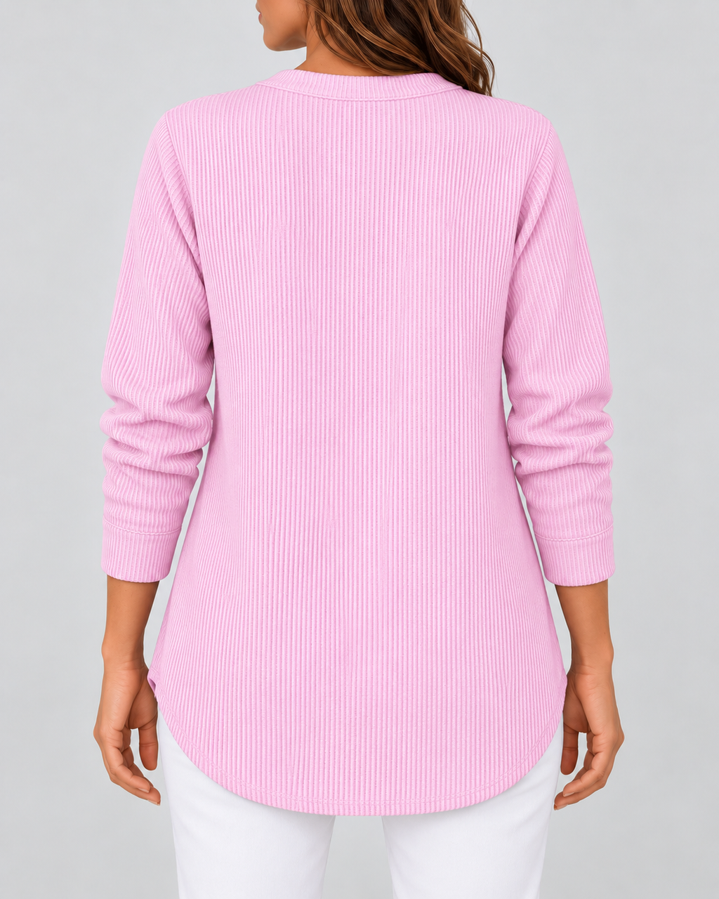 Women's Ribbed Tunic Top with Henley Neck and Side Buttons – Pink – 3