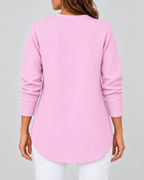 Women's Ribbed Tunic Top with Henley Neck and Side Buttons – Pink – 3