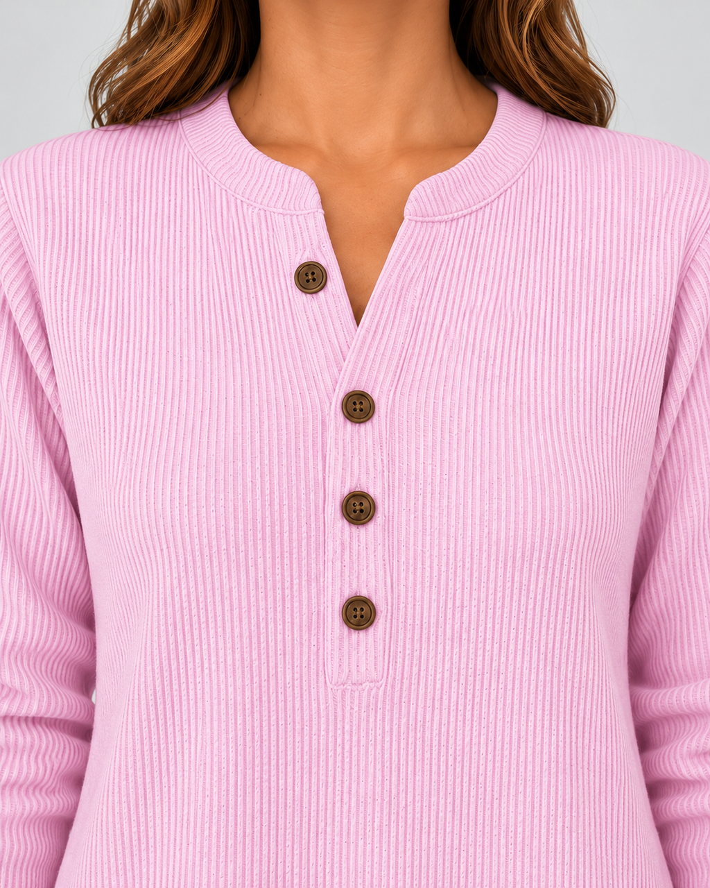 Women's Ribbed Tunic Top with Henley Neck and Side Buttons – Pink – 4