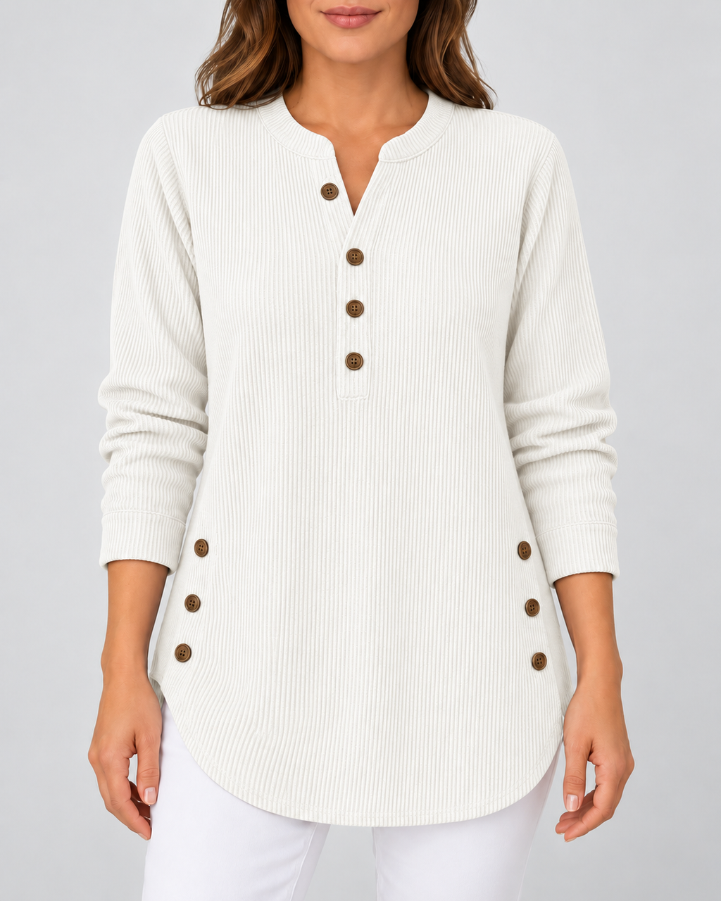 Women's Ribbed Tunic Top with Henley Neck and Side Buttons – White – 1