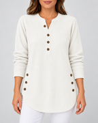 Women's Ribbed Tunic Top with Henley Neck and Side Buttons – White – 1