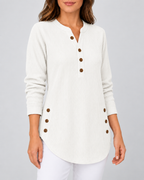 Women's Ribbed Tunic Top with Henley Neck and Side Buttons – White – 2