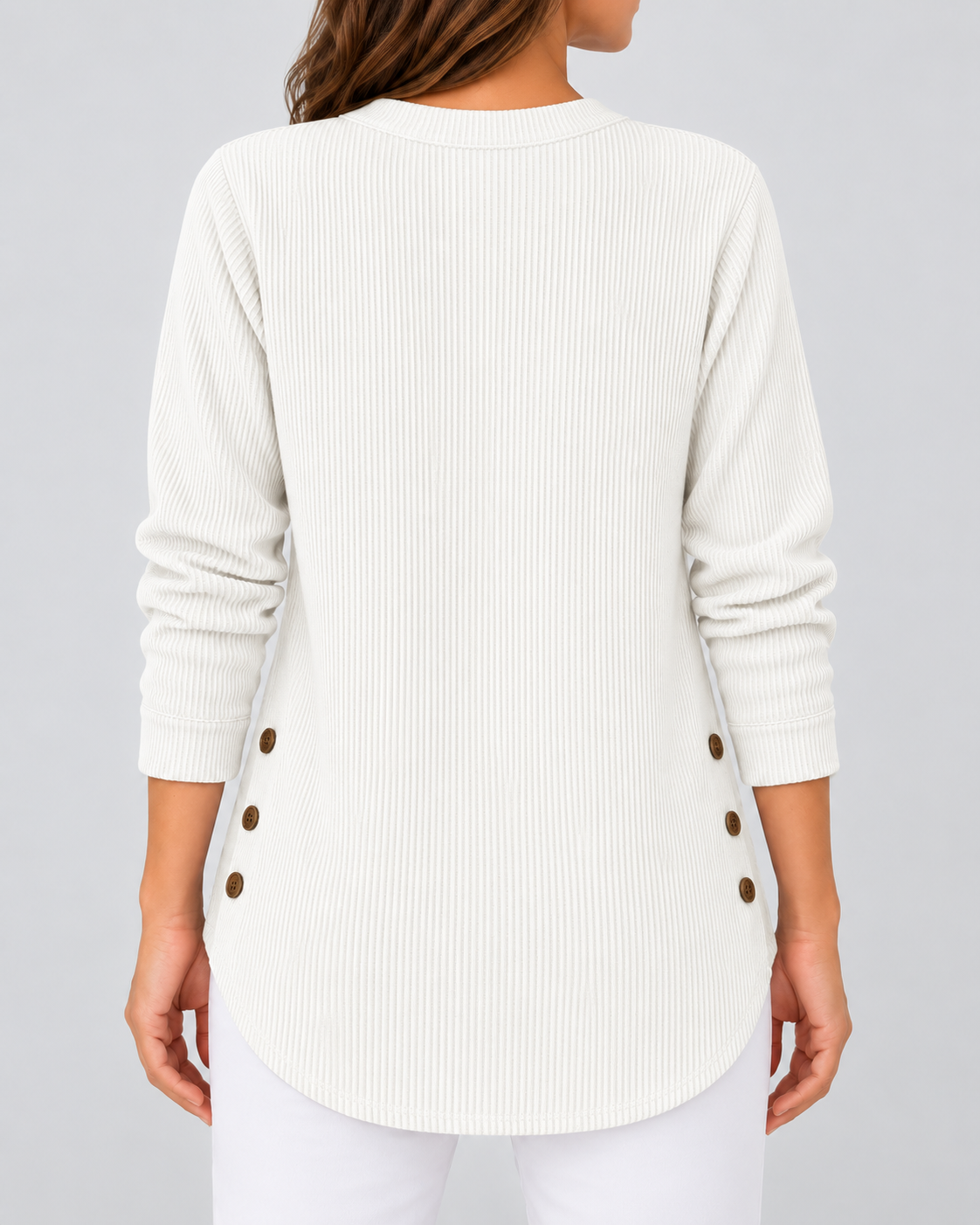 Women's Ribbed Tunic Top with Henley Neck and Side Buttons – White – 3