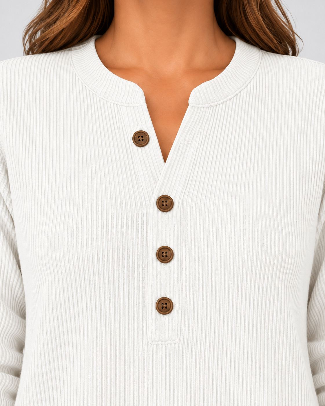 Women's Ribbed Tunic Top with Henley Neck and Side Buttons – White – 4